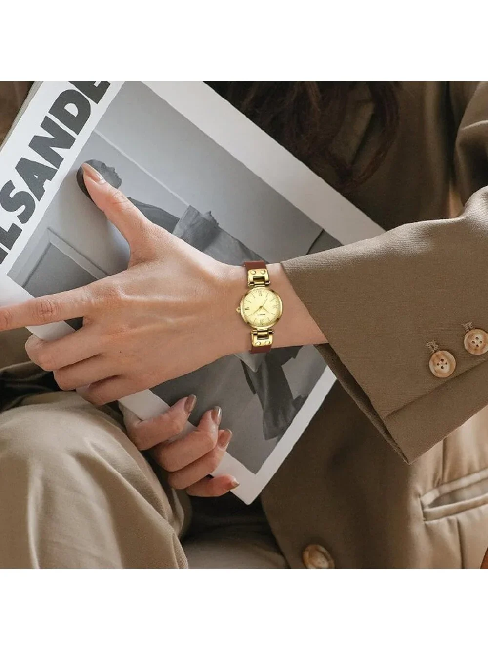 Women's Brown Gold Elegant Classic Small Gold Leather Stylish Ladies Wrist Watch